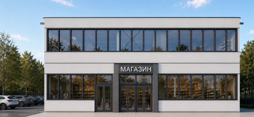 Проект двухэтажного нежилого здания магазина в Ленинградской области — главный фасад