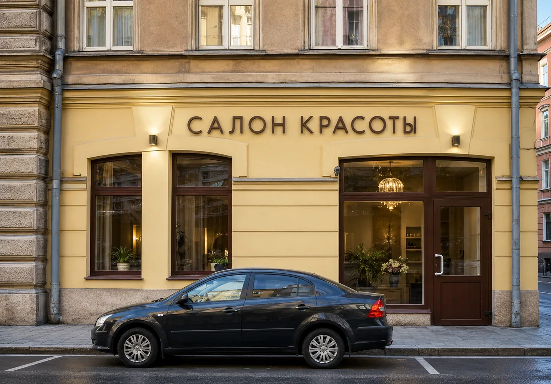 Вывеска салона красоты на фасаде исторического здания