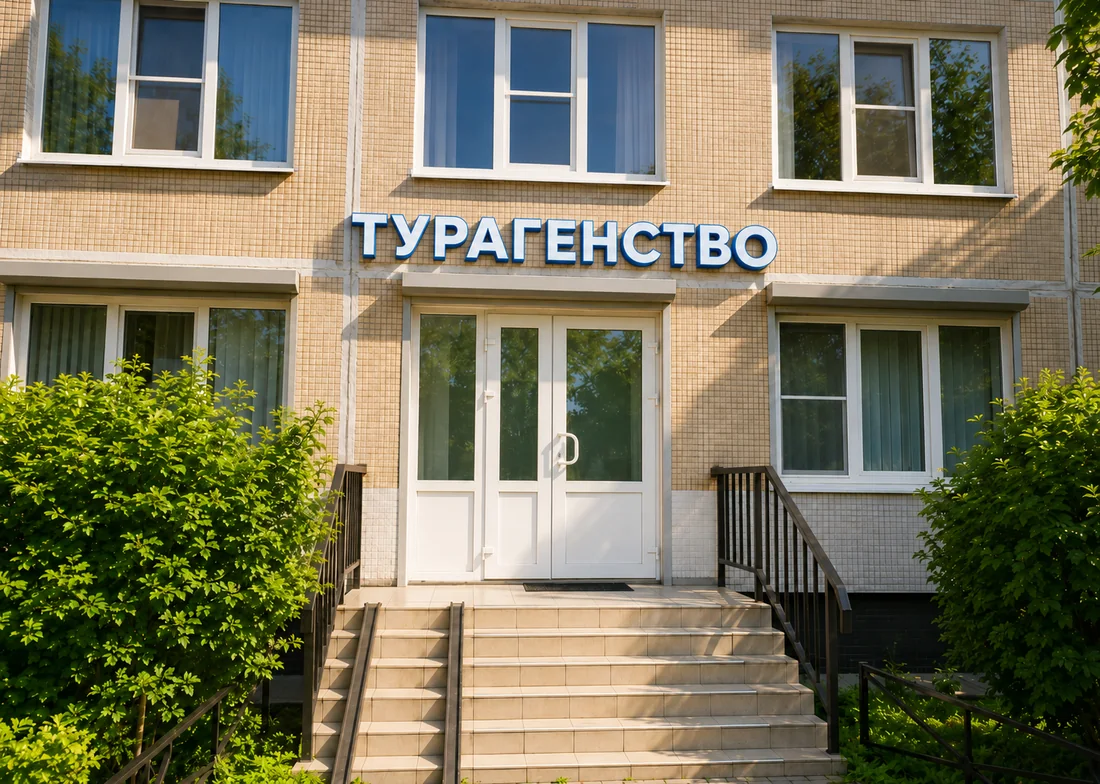 Компактная вывеска над входом турагентства