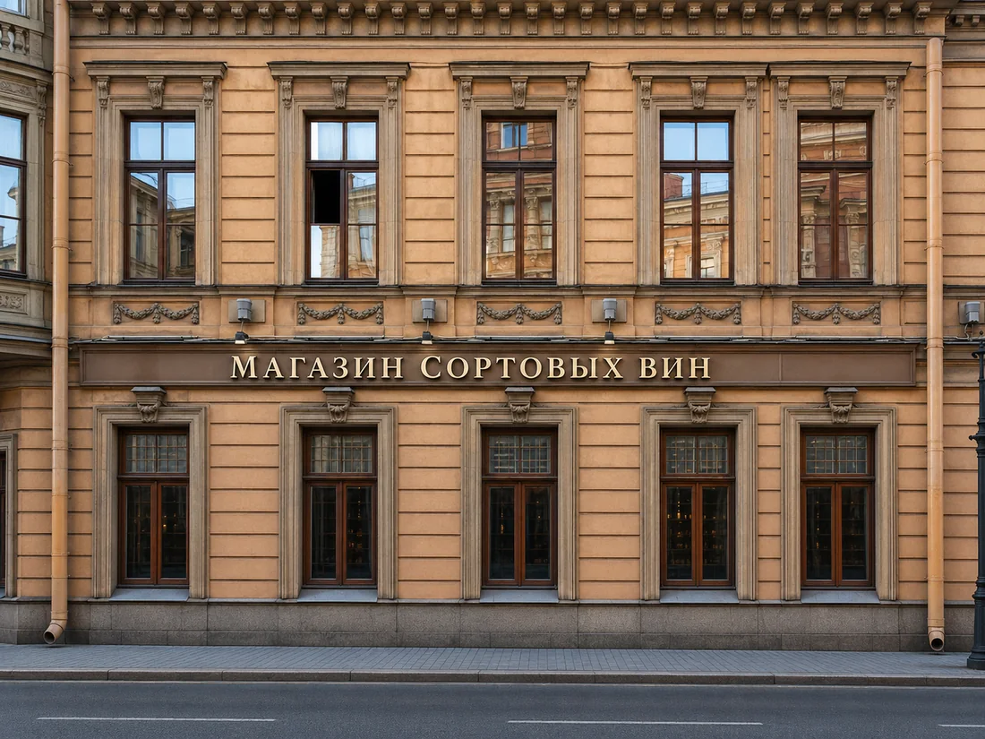 Длинная вывеска магазина на историческом фасаде