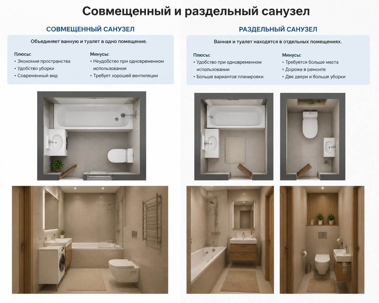 Сравнение совмещенного и раздельного санузла для проекта водоснабжения и канализации